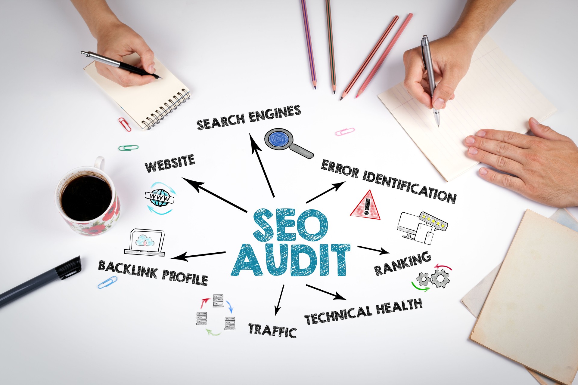 SEO Audit Concept. The meeting at the white office table